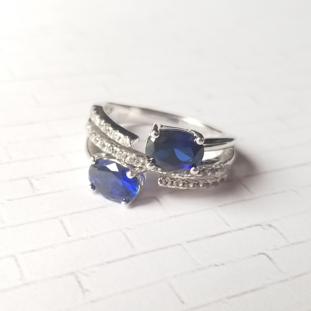 Genuine Blue and White Sapphire Ring Size 6.75